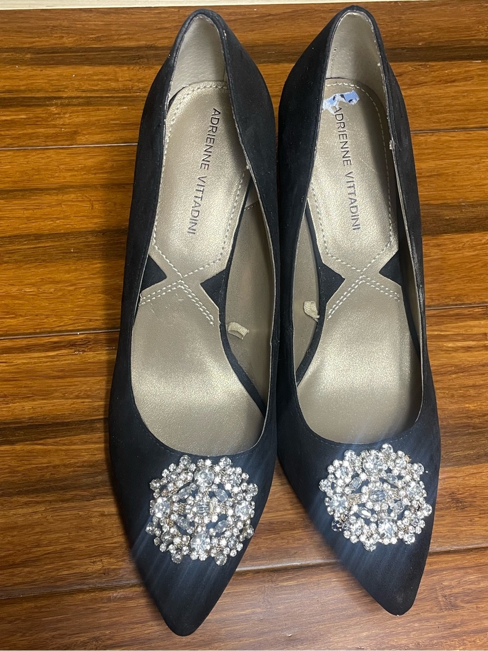 Adrienne Vittadini Black Pointed Toe Heels with Crystal Brooch